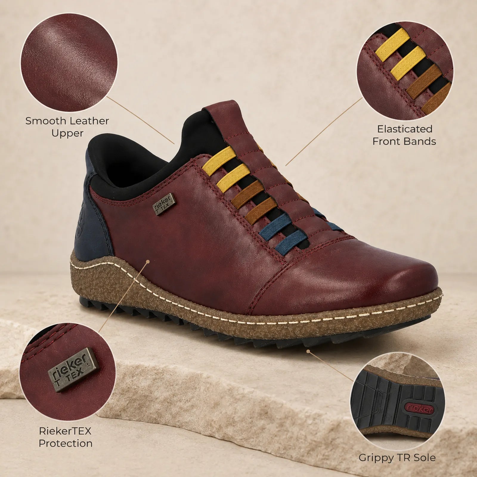 Rieker women's red slip on shoes close up detail showing leather upper, grippy TR sole and elasticated bands