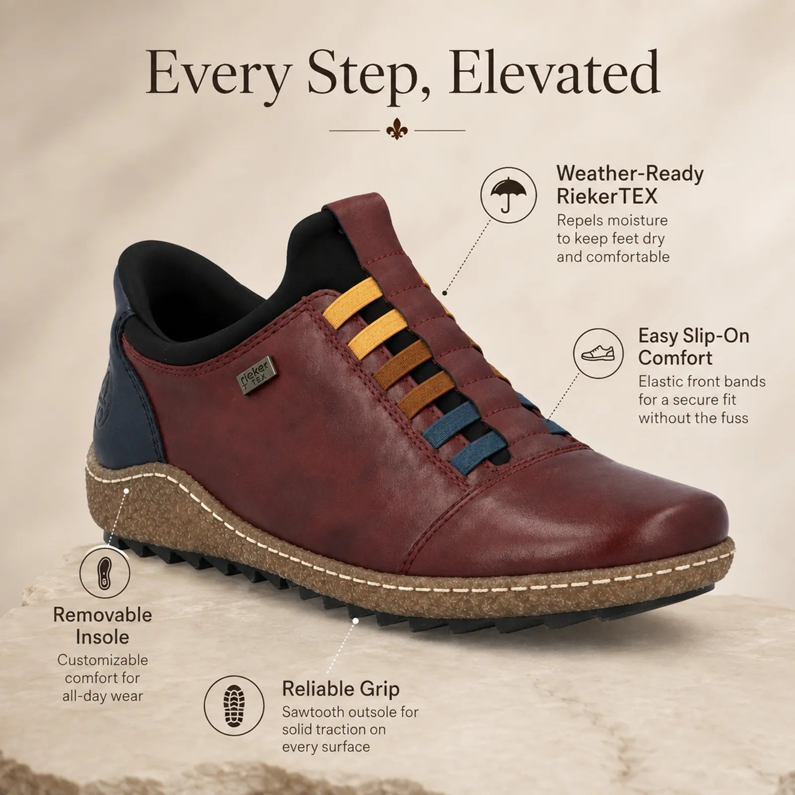 Rieker women's red slip on shoes showing RiekerTEX membrane, removable insole and Ready2GO features