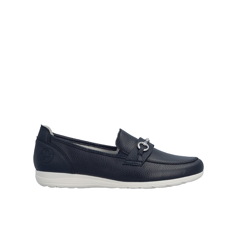 Women’s dark blue leather loafer slip-on shoe with chain bit detail