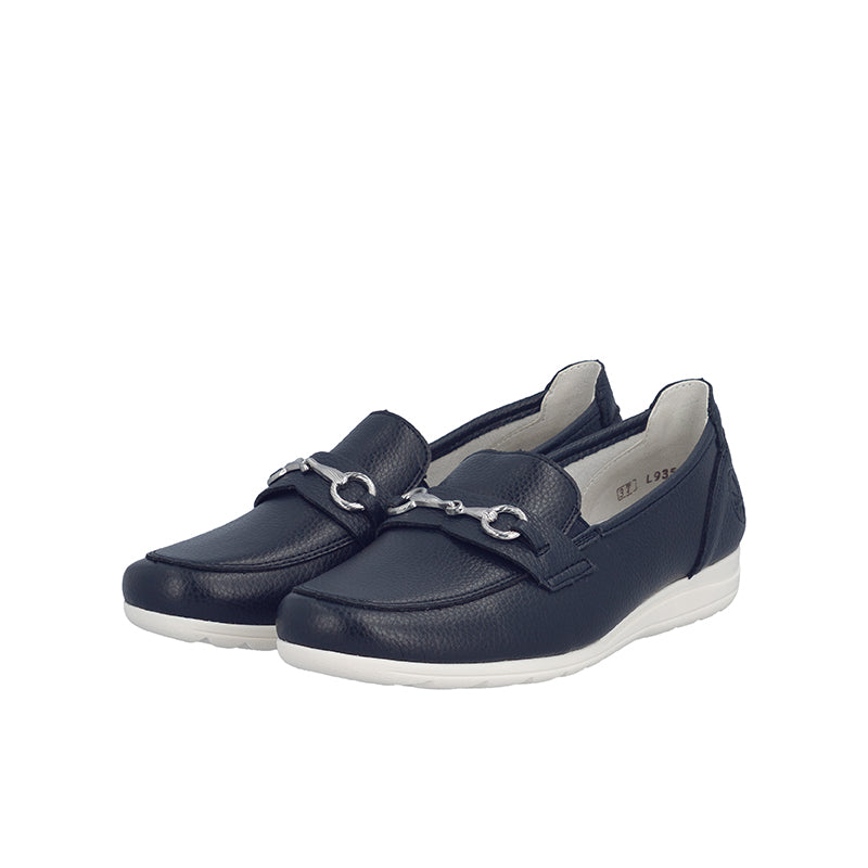 Women’s dark blue leather loafer shoes with strap and decorative chain