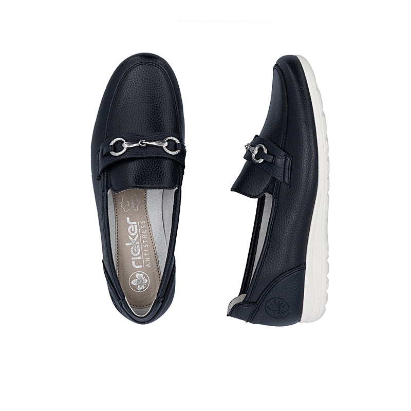 Dark blue leather loafer shoe pair with metal chain ornament and strap