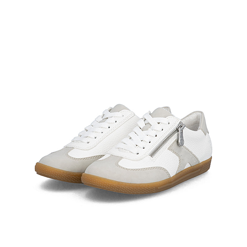White low-top sneakers, lace-up with side zip detail and gum rubber soles
