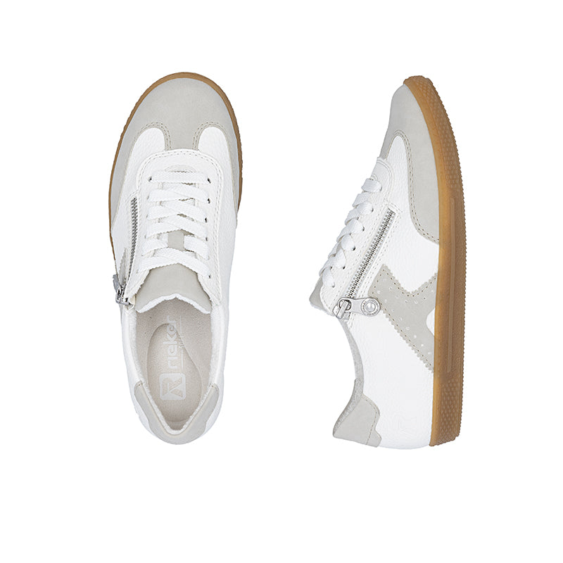 White low-top sneaker pair showing lace-up front and side profile, gum sole