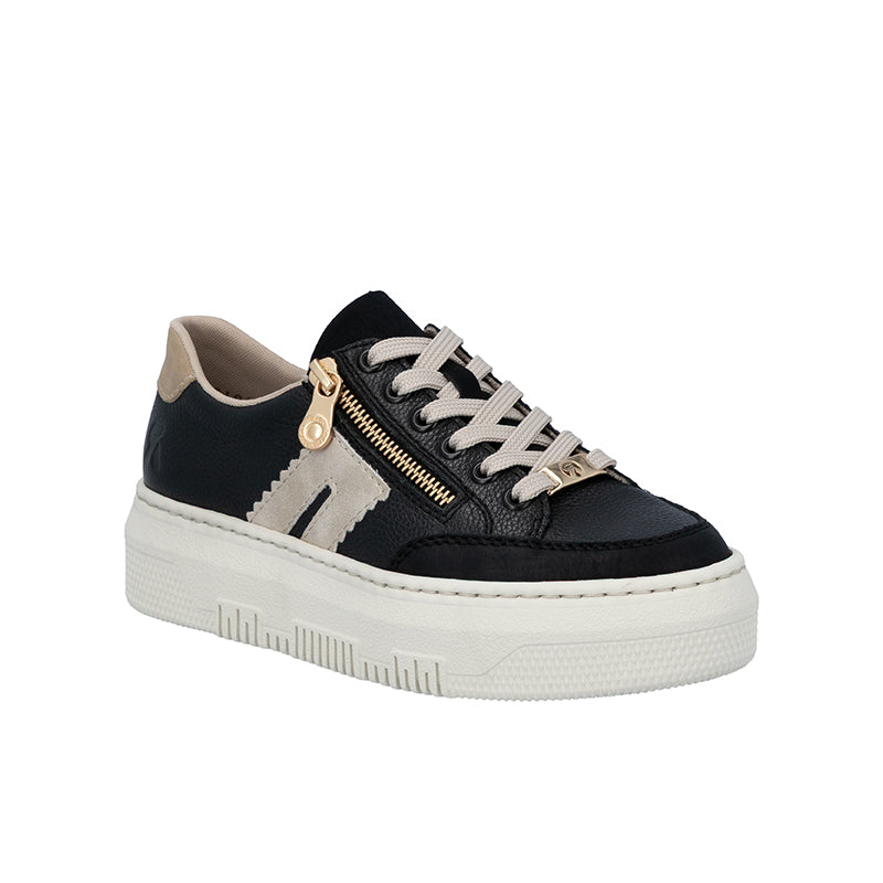 Low-top lace-up trainers in black with off-white side panel and gold zipper detail