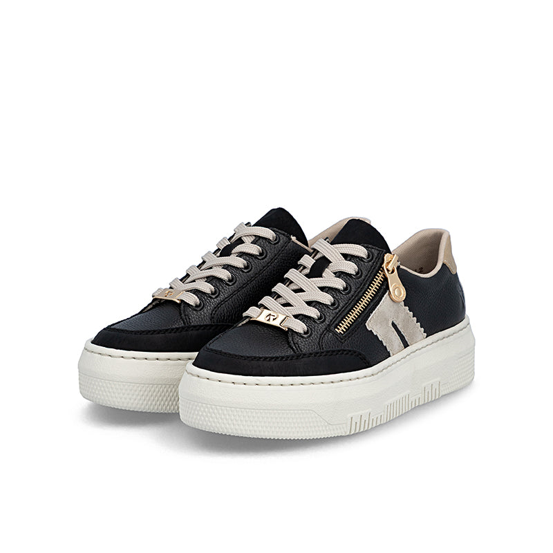 Low-top lace-up trainers in black and off-white with gold zipper detail on the side