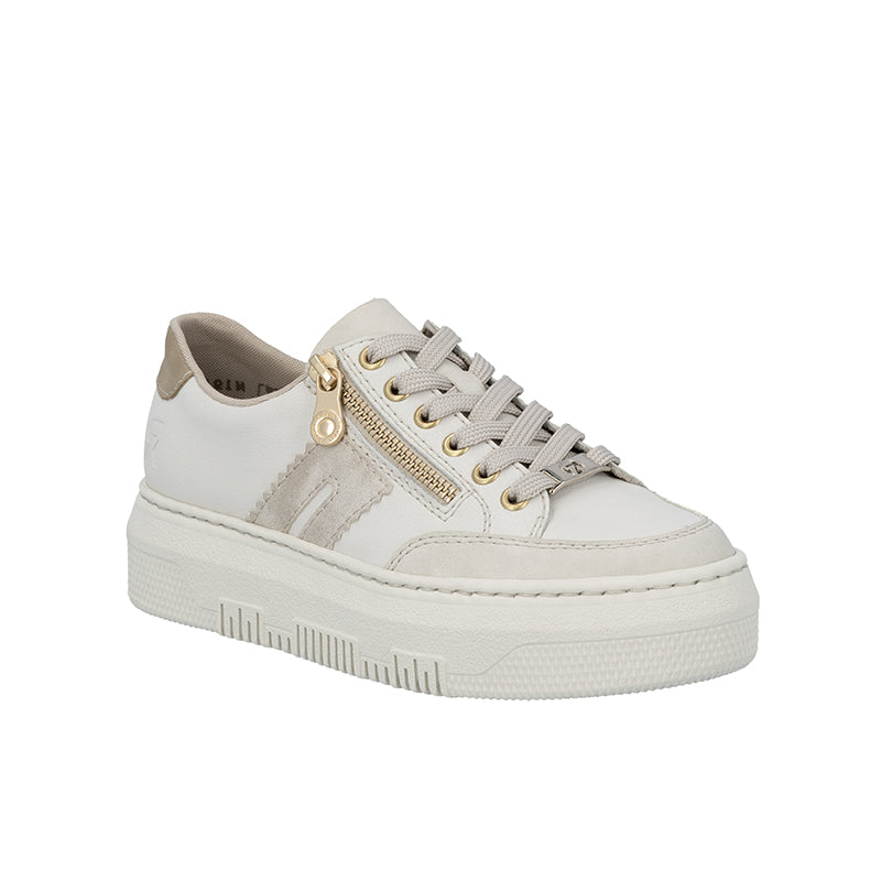 Low-top lace-up trainers in white with gold zipper detail and off-white side panel