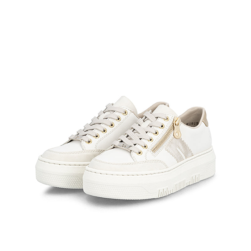 Low-top lace-up trainers in white with gold zipper detail and cushioned side tab