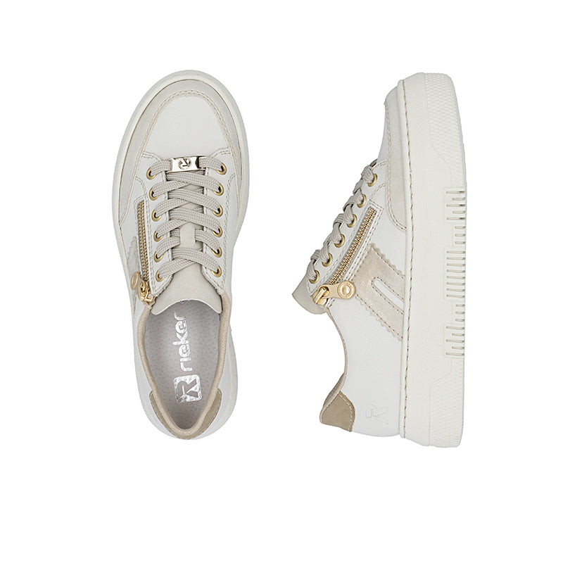 White lace-up trainers with gold zipper detail and beige insoles, side and toe views