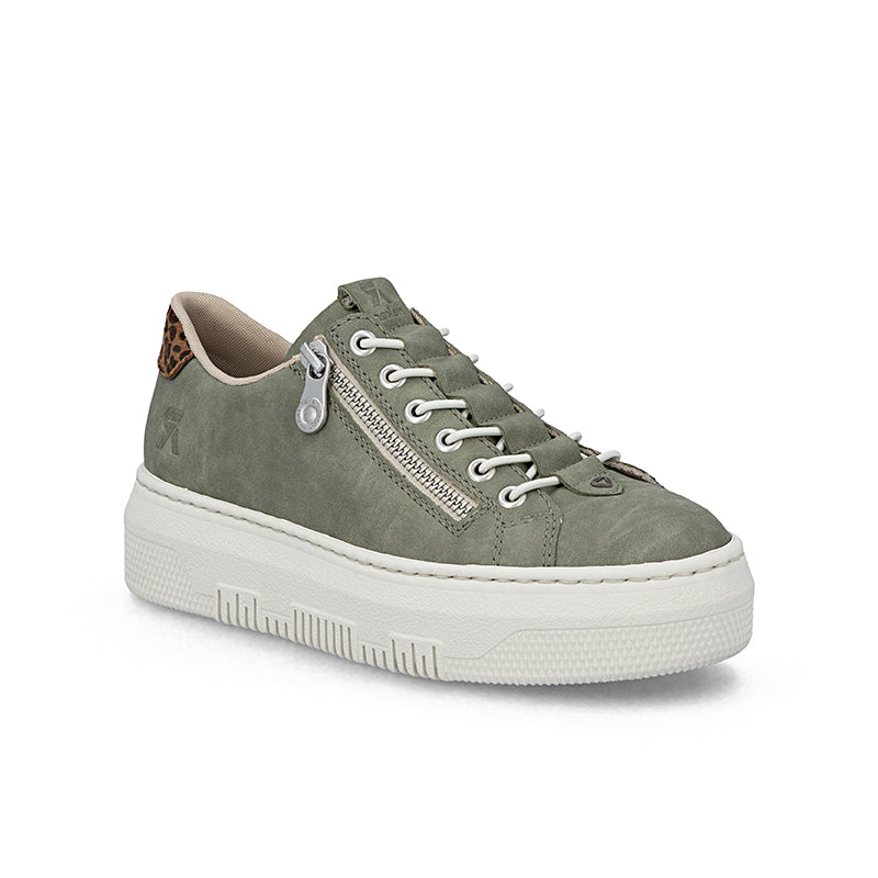 Green lace-up casual sneaker with side zipper detail and cushioned light sole