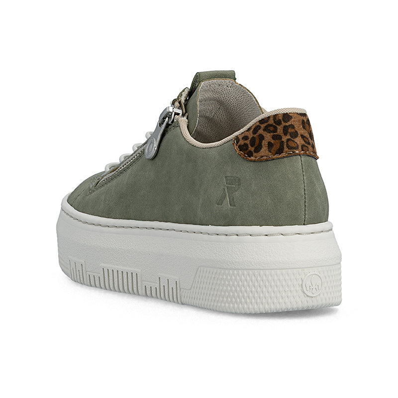 Olive green sneaker heel with leopard-print collar lining and cushioned sole