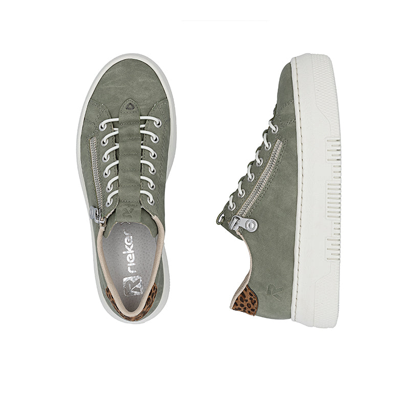 Rieker sneaker with olive upper, lace-up eyelets, and side zipper with pull tab