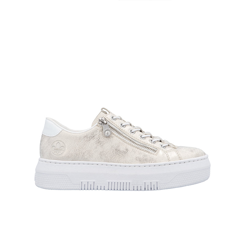 Light beige low-top sneaker with lace-up front and front zipper detail