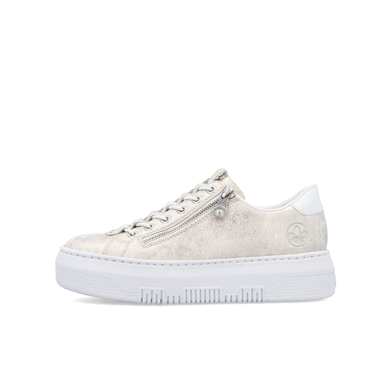 Light beige lace-up low-top sneaker with front zipper and cushioned sole