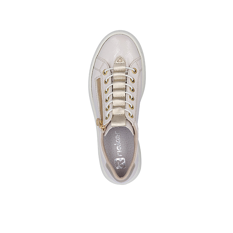 Beige lace-up sneaker with side zip, metal eyelets, textured rubber sole