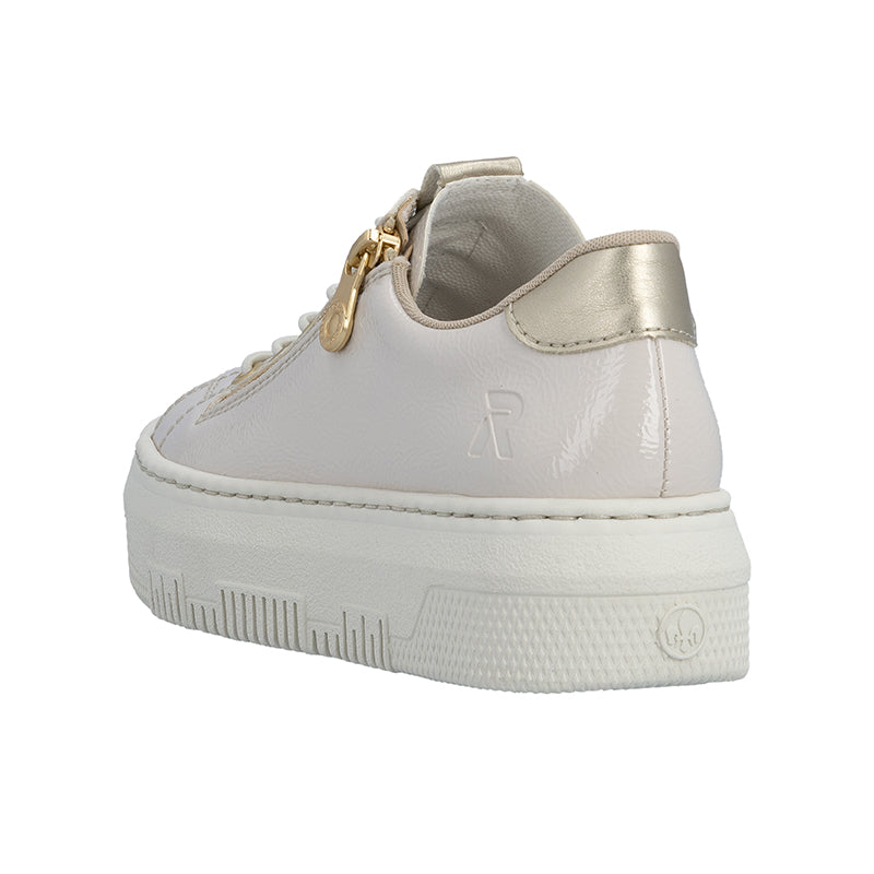 Beige high-top sneaker with side zip, logo embossing, cushioned collar