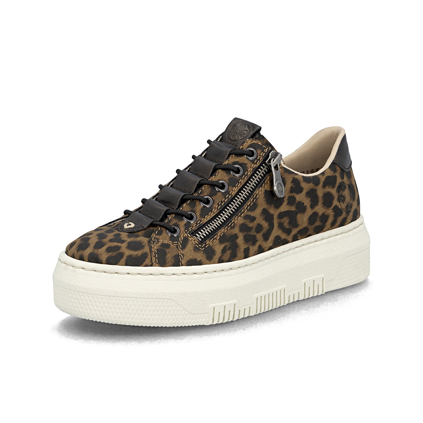 Leopard-print lace-up sneaker with front zipper and tan lining