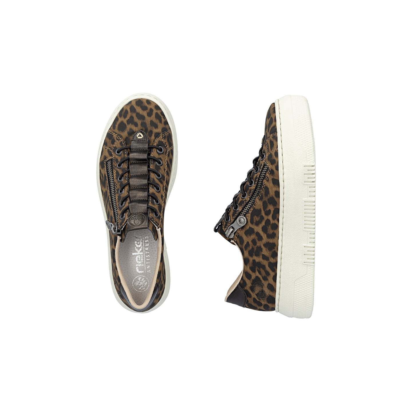 Leopard-print sneaker with lace-up closure, shown with sole and side views