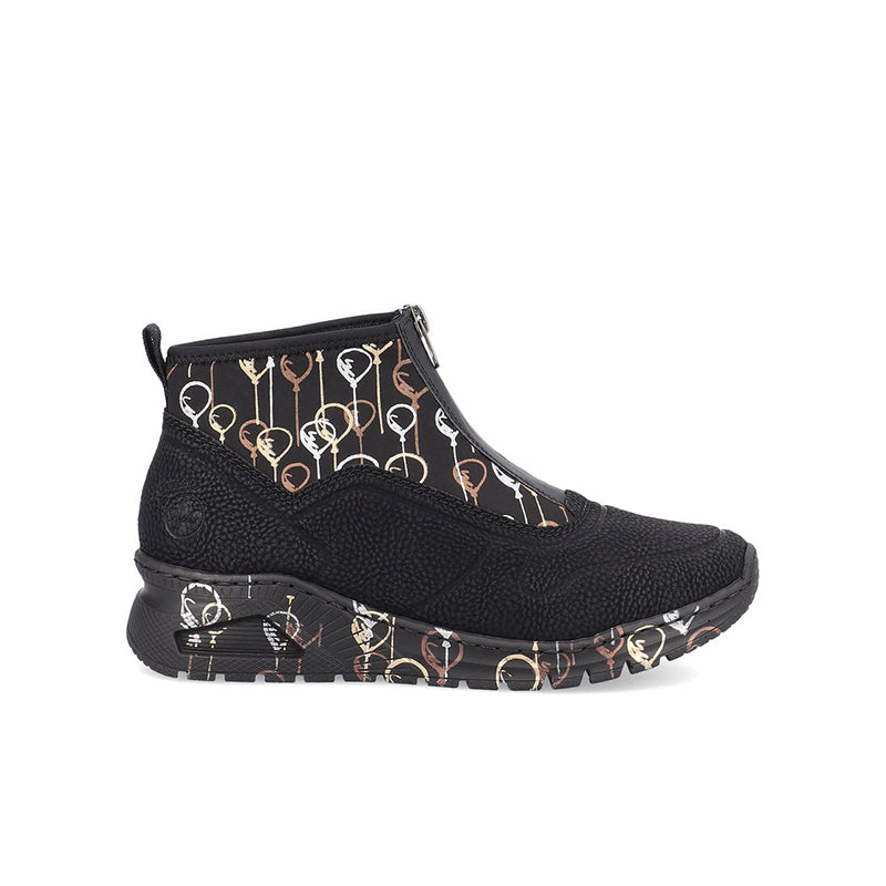 Women’s black ankle boots with gold graphic art upper and cushioned sole