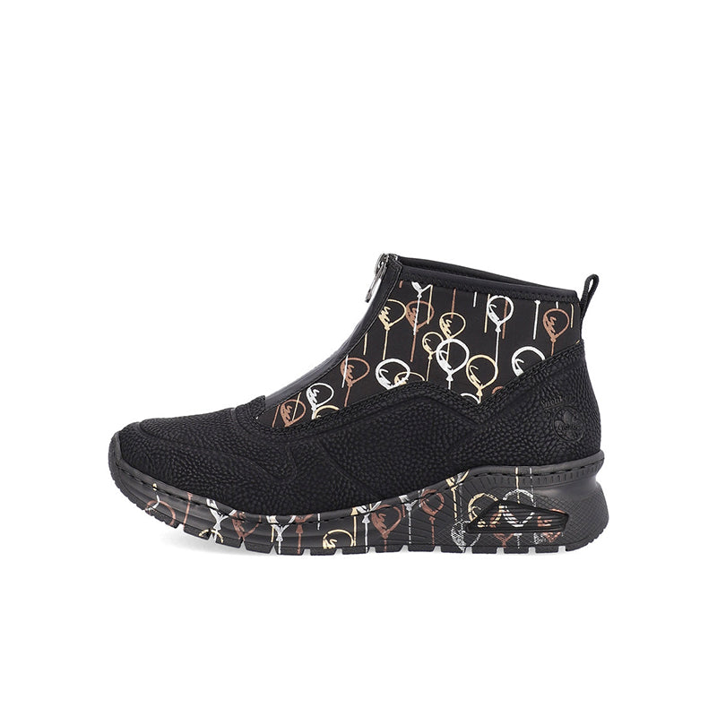Women’s black ankle boots with gold art print collar and patterned rubber outsole