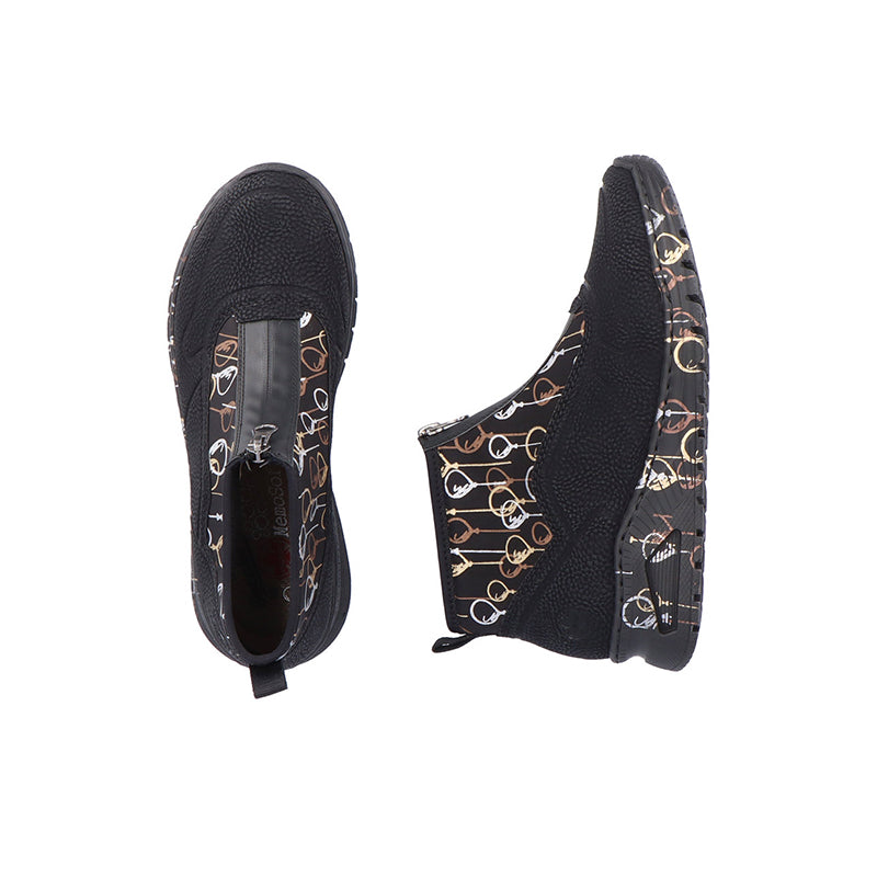Women’s black ankle boots with gold graphic lining and pull-on style
