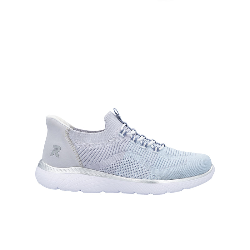 Light blue knit slip-on sneakers with lace-up front and cushioned white sole