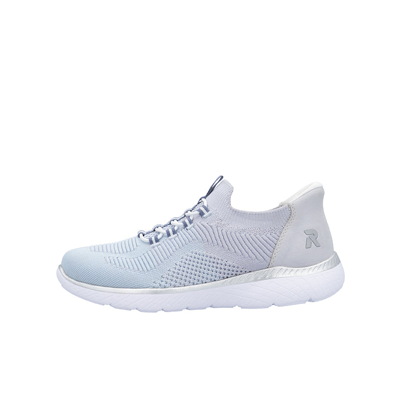 Light blue knit slip-on sneakers with side R logo and white textured sole