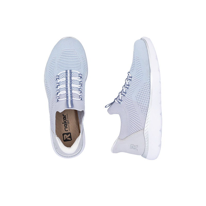 Light blue knit sneakers with lace-up front, textured sole, and pull-on heel tab