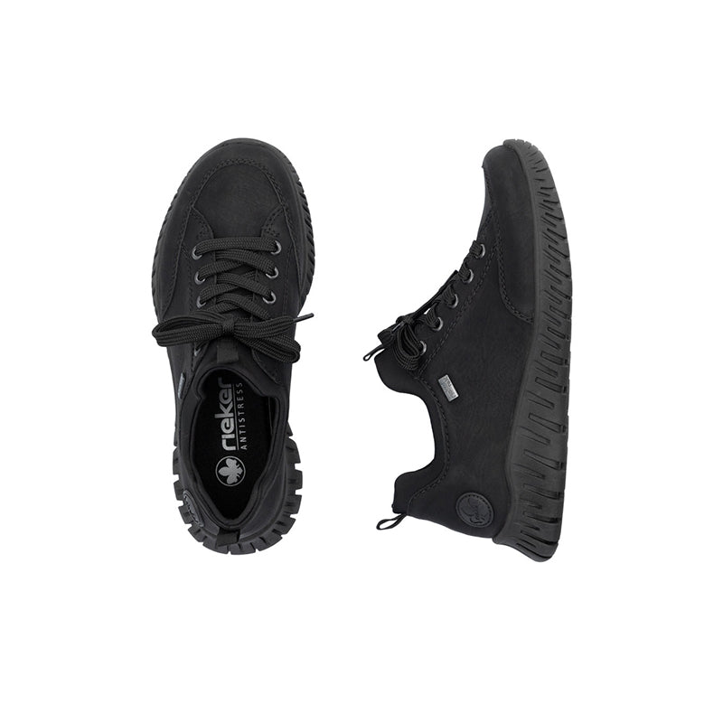 Black lace-up sneakers, side and inside views with logo patch
