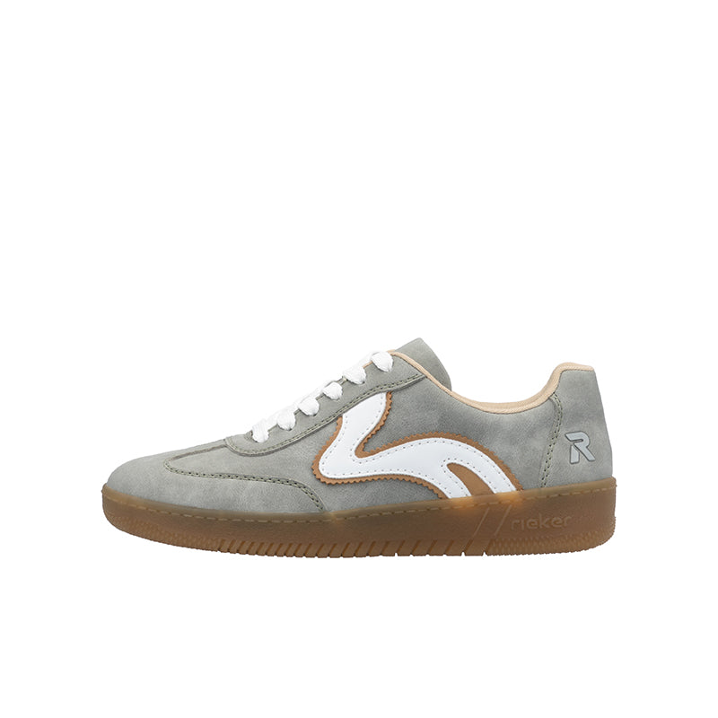 Grey lace-up casual sneaker side view with white swoosh-style trim and tan sole