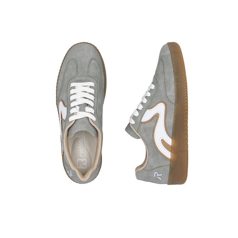 Grey lace-up sneaker pair, white laces and side trim, tan rubber soles