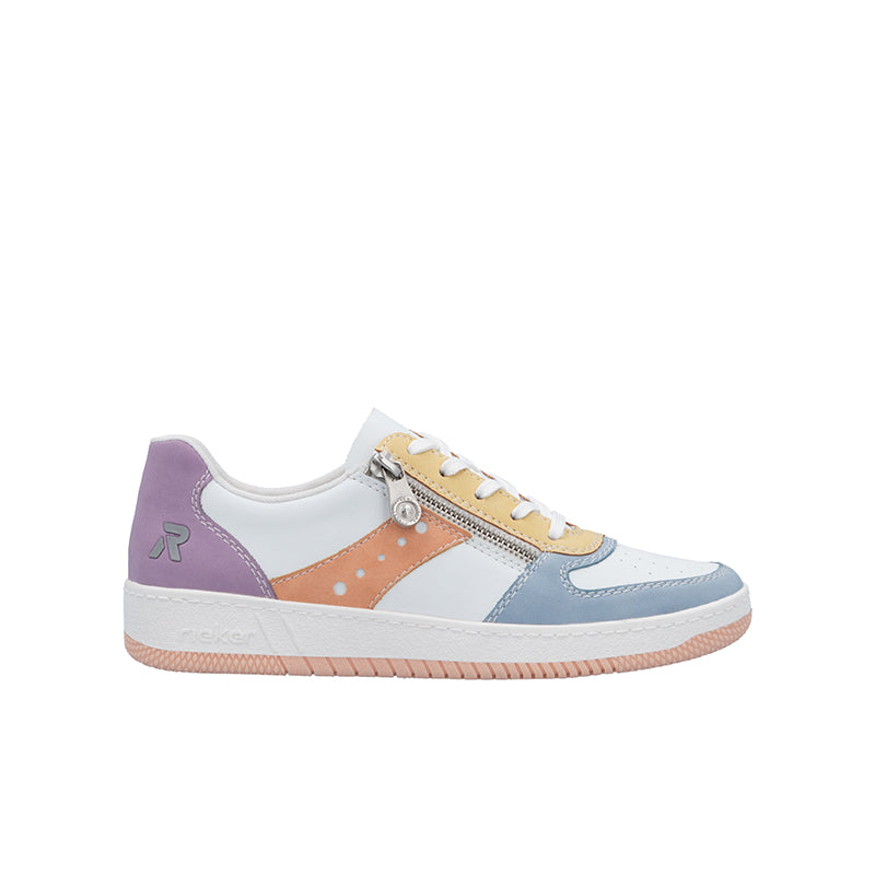 Womens multicolor fashion sneaker with side zip, lace-up, white rubber sole
