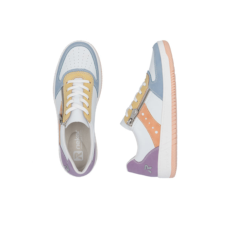 Womens multicolor sneaker side and front views, lace-up with side zip