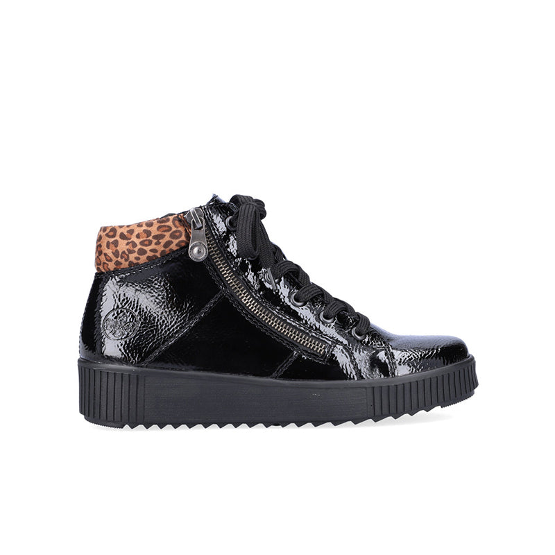 Black glossy ankle boots with lace-up front and side zip, chunky rubber sole