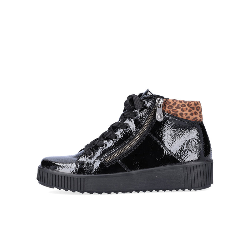 Black patent ankle boots with leopard print panel and side zip, chunky sole