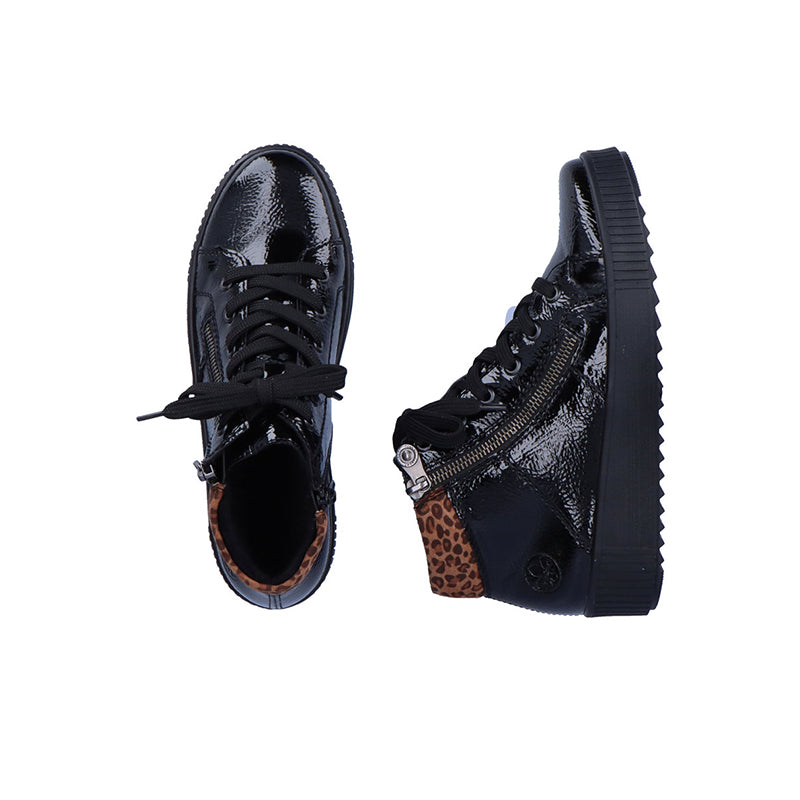 Black high-shine ankle boots with leopard print side panel, lace-up and side zip