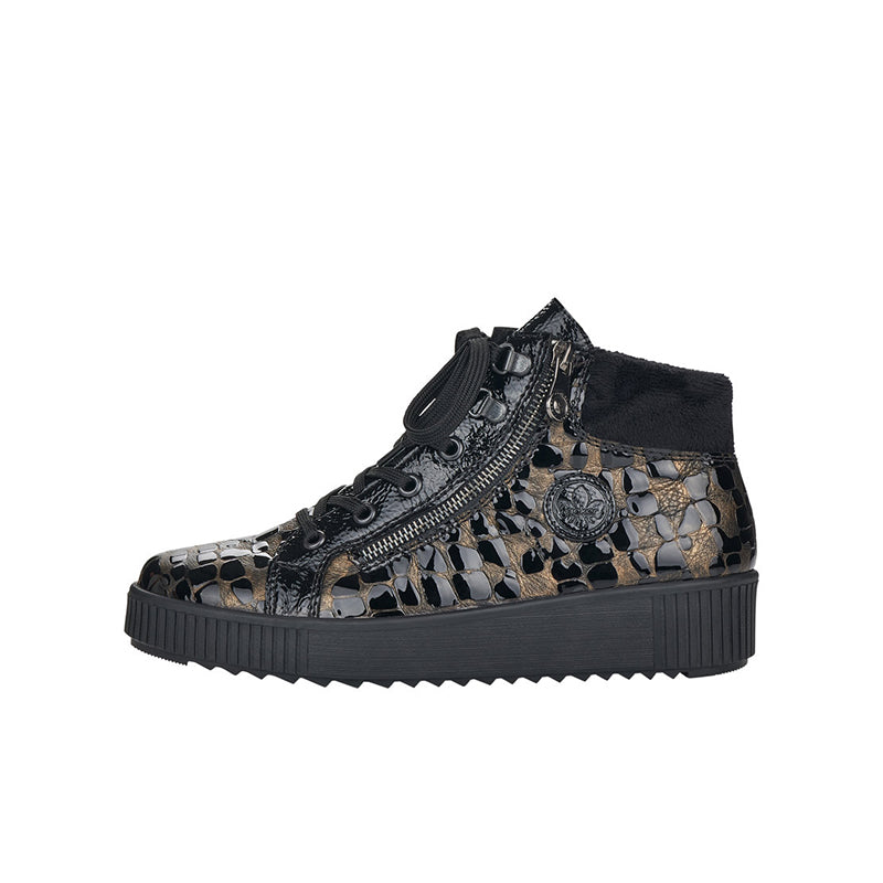 Bronze-and-black printed ankle boots with lace-up front and side zipper