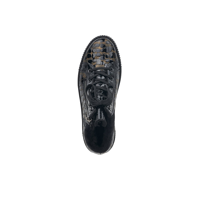 Black lace-up ankle boot with patterned upper and rounded toe