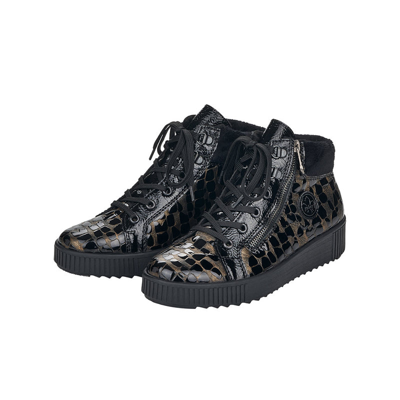 Bronze-and-black ankle boots with lace-up front, side zip, and platform sole