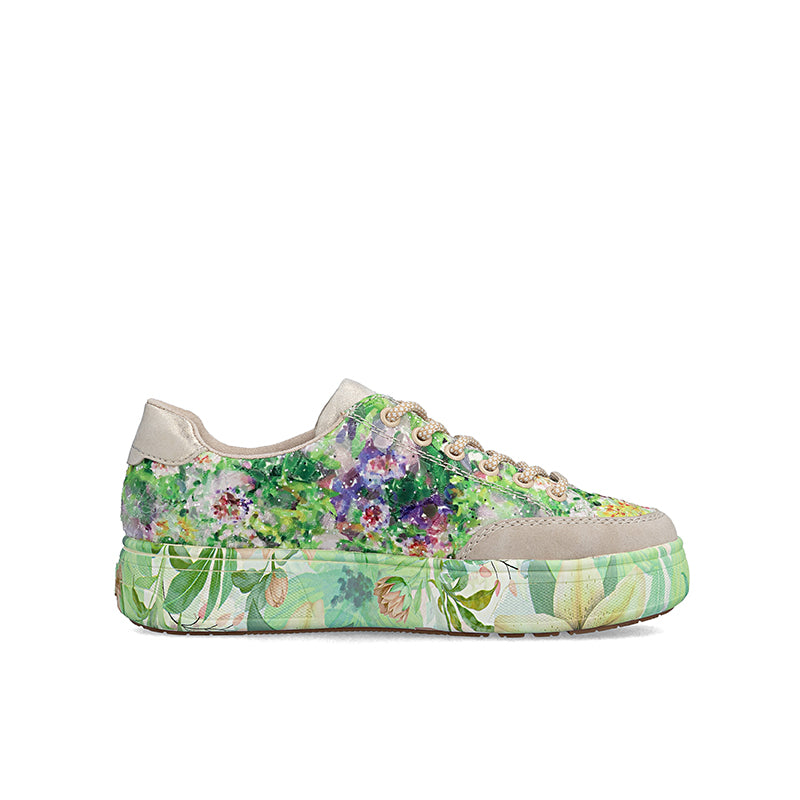 Women’s multicoloured floral lace-up sneakers with cushioned green patterned sole