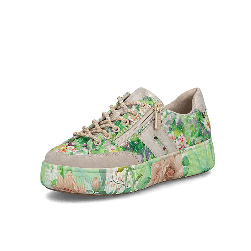 Women’s multicoloured floral platform sneakers, beige lace-up uppers and rubber sole