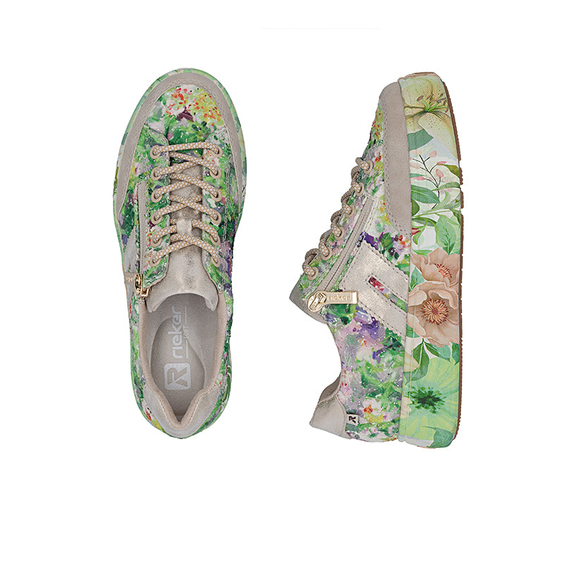 Women’s multicoloured floral sneaker pair, side and inside views with lace-up