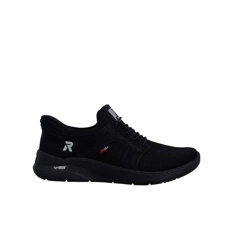 Women’s black lace-up sneakers with mesh uppers and cushioned rubber sole