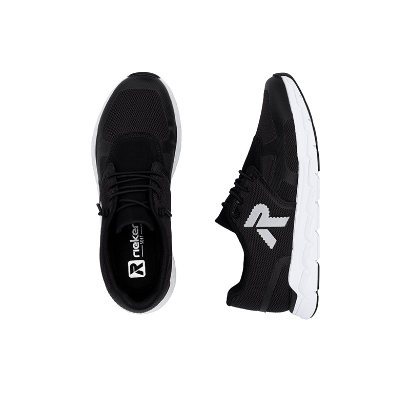 Rieker lace-up sneakers pair, black mesh with black laces and chunky white sole