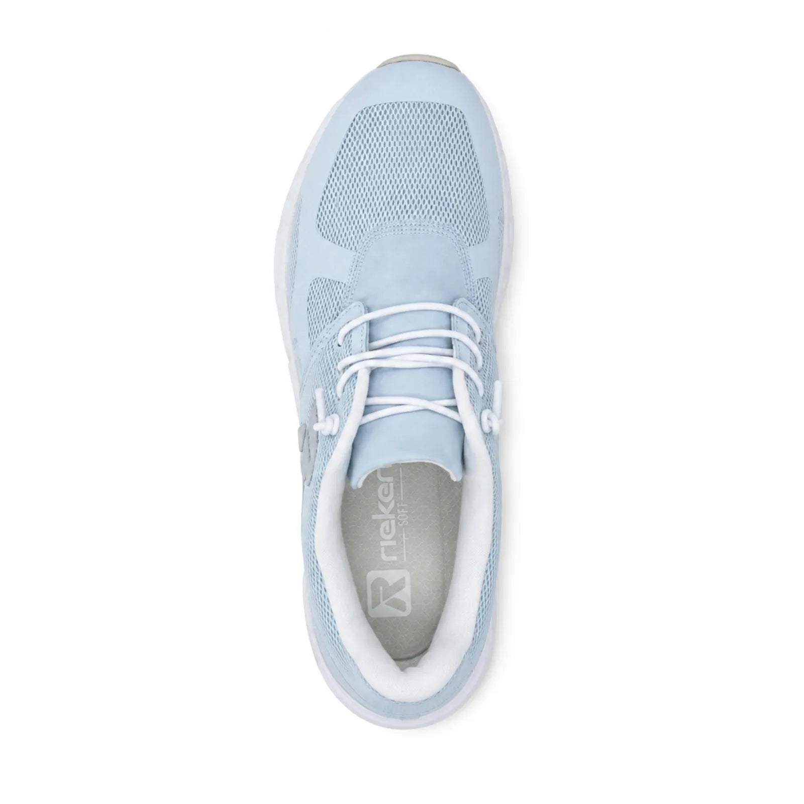 Light blue lace-up sneaker with white laces and Rieker logo on inner sole