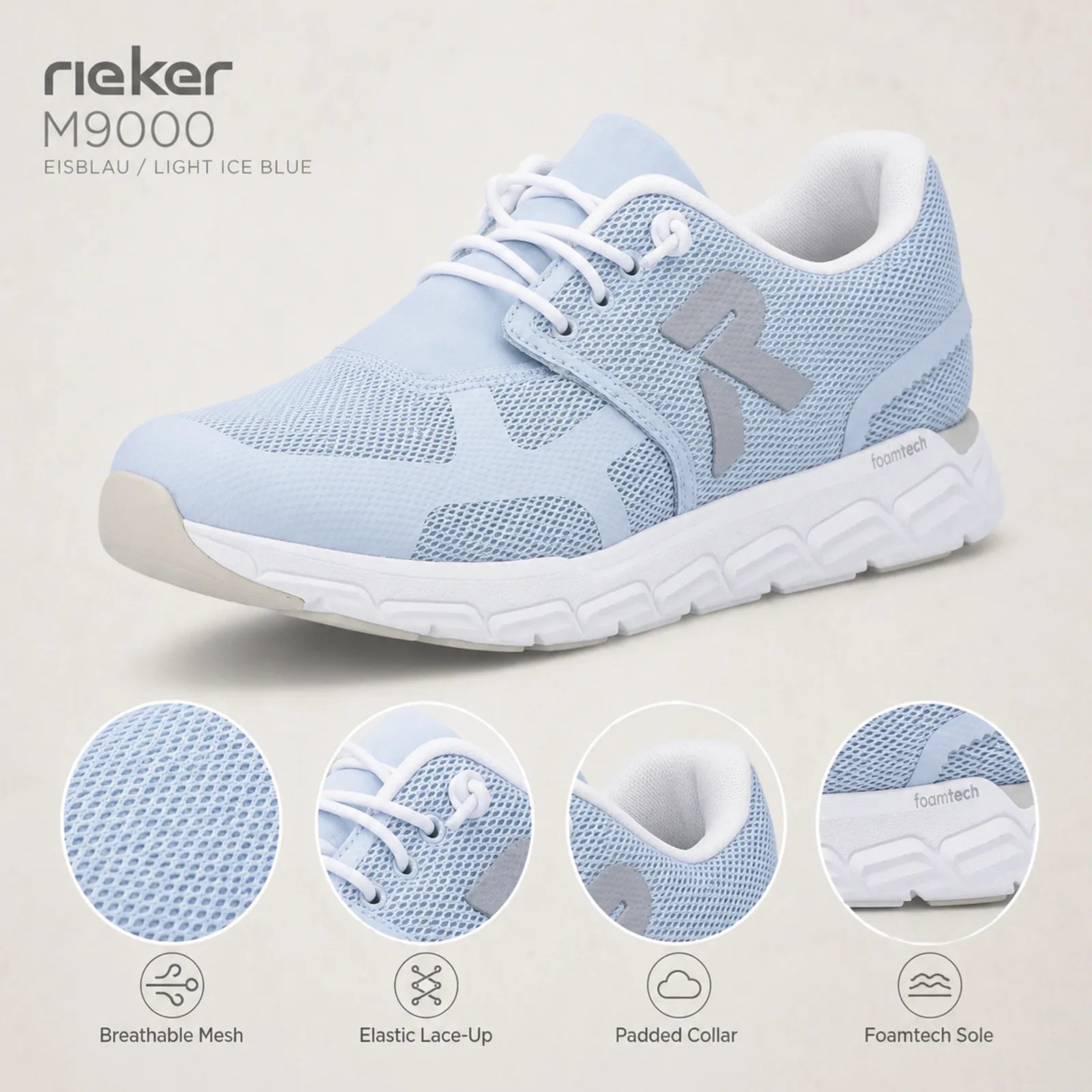 Light blue lace-up knit sneakers with padded collar and foam rubber sole