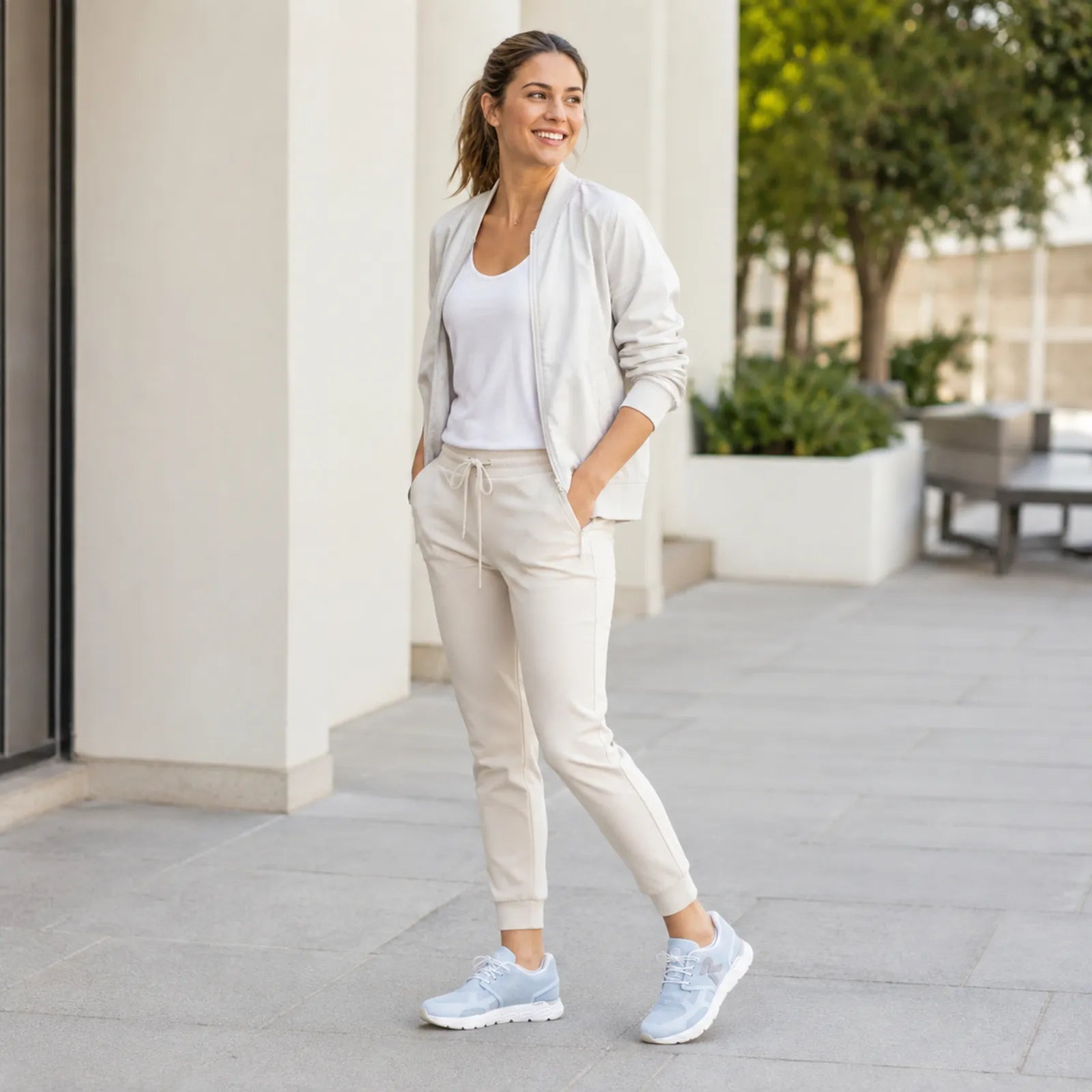 Light blue lace-up sneakers with white laces worn with cream pants