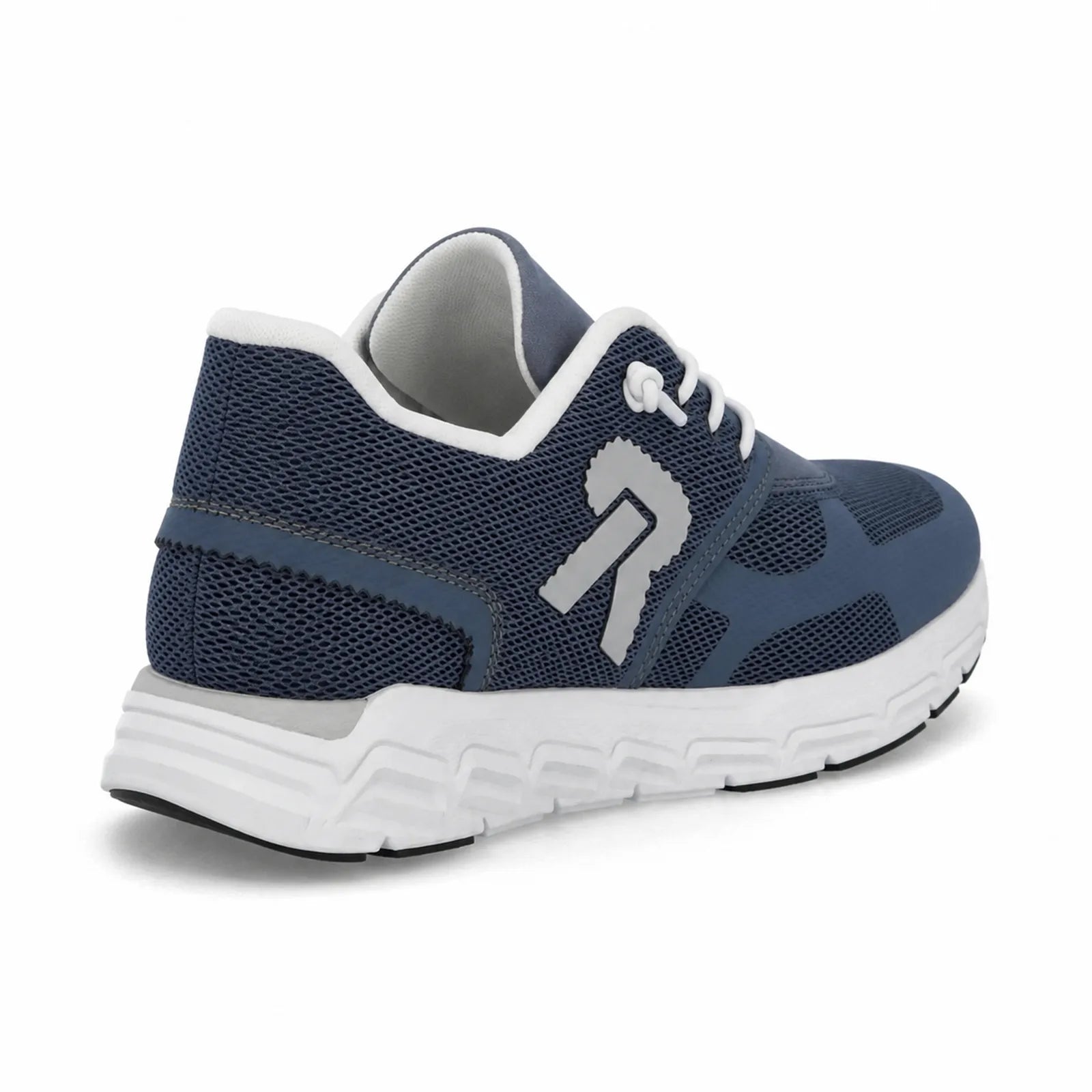 Women’s lace-up sneakers with navy mesh upper, white laces, and chunky white sole