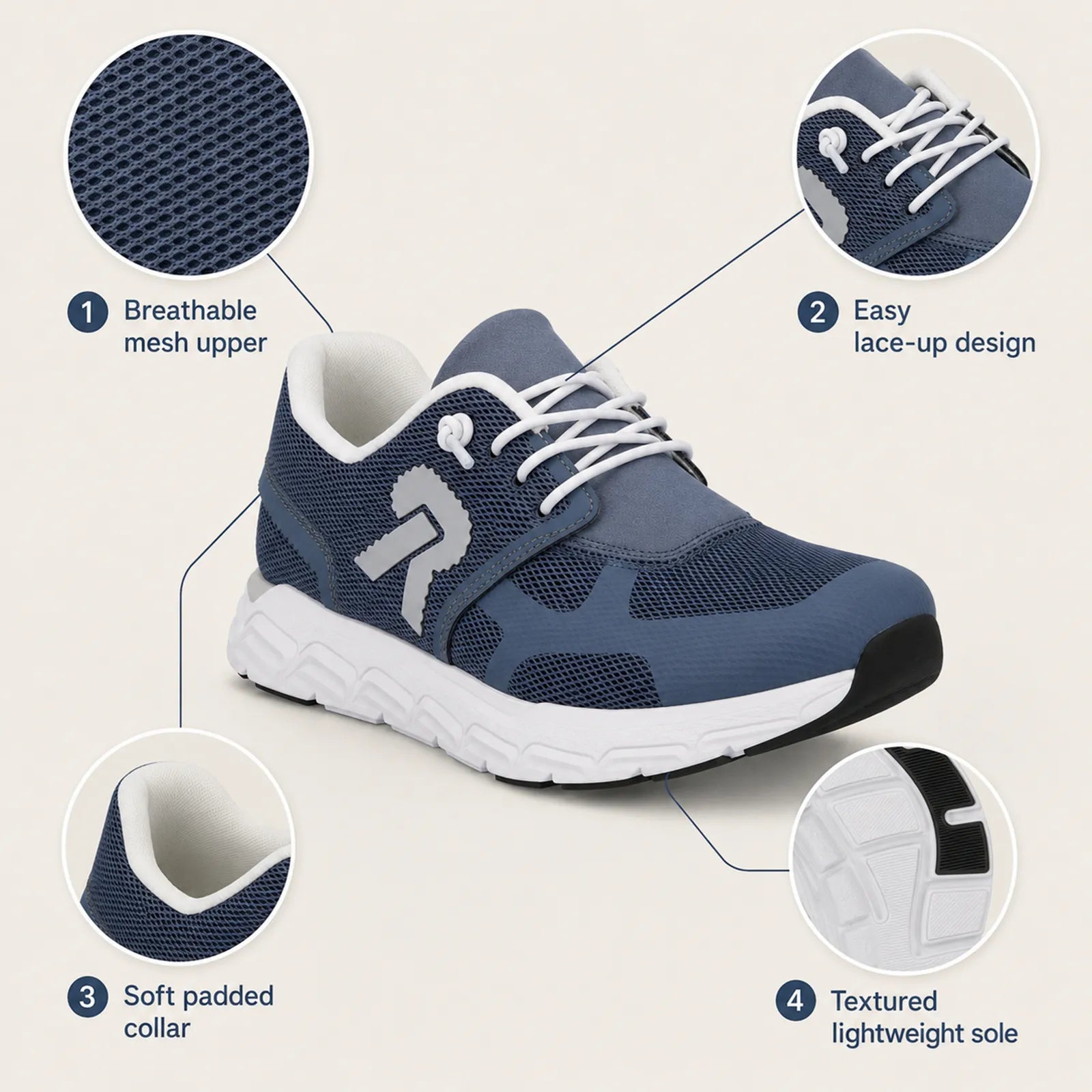 Women’s lace-up sneakers in navy mesh with white laces, padded collar, and light textured sole
