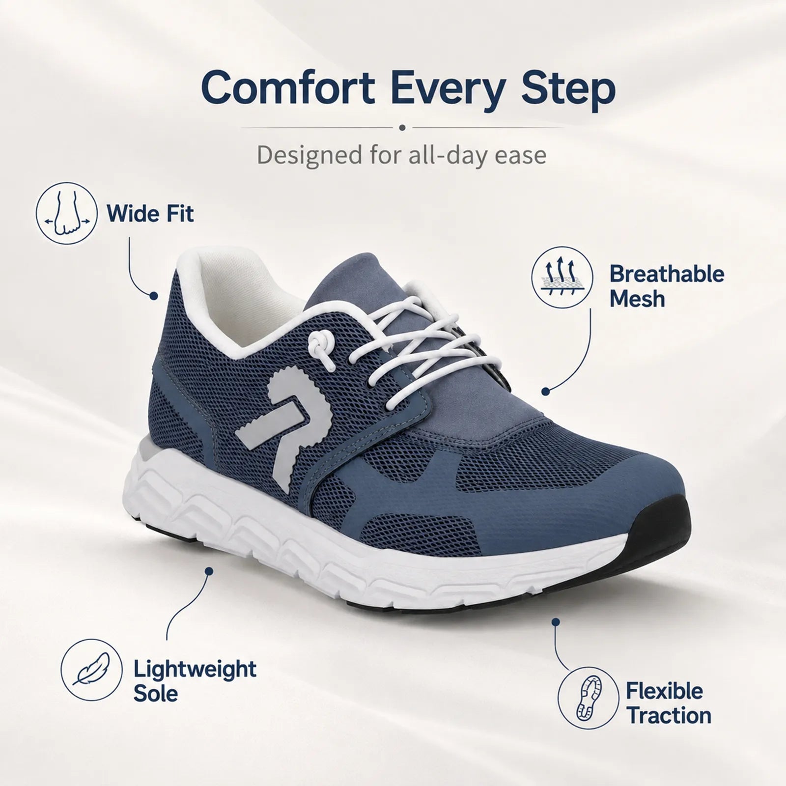 Women’s navy lace-up sneakers with white laces, cushioned collar, and textured sole