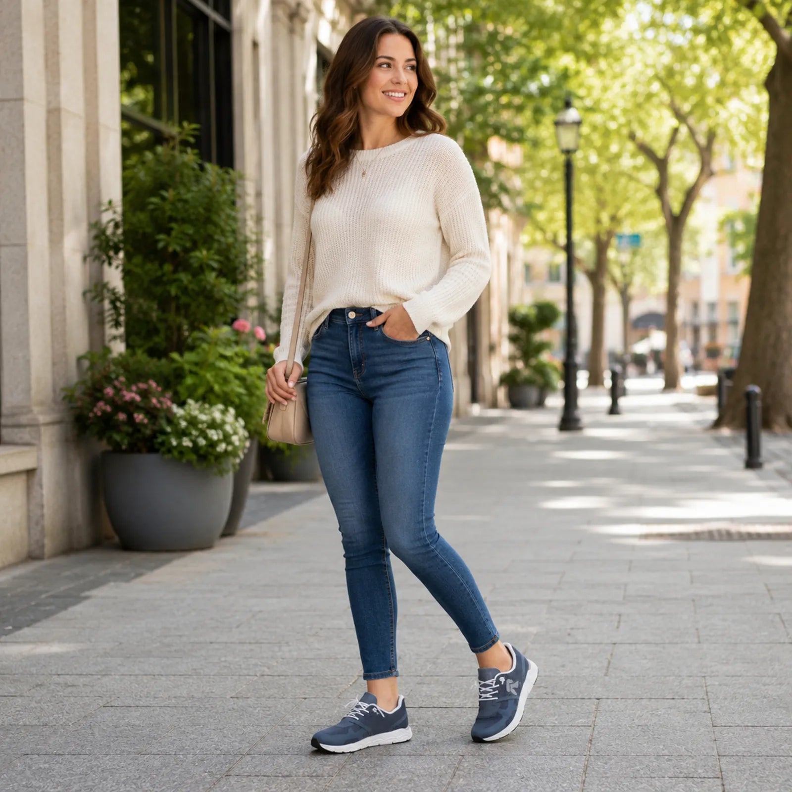 Women’s navy lace-up sneakers with white laces on feet with blue jeans
